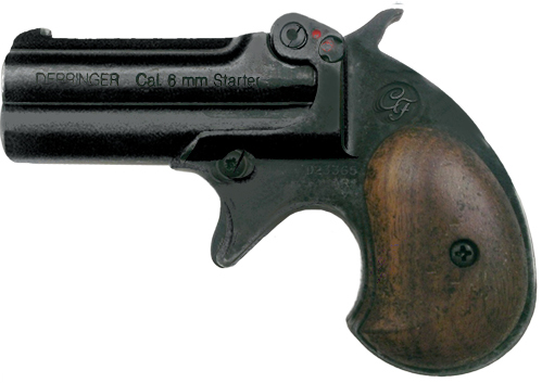 .22-cal. blank-fire Derringer, black with wood grips.