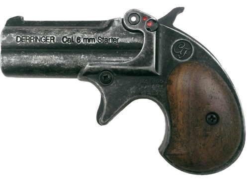 .22-cl. Blank-fire derringer, grey with wood grips.